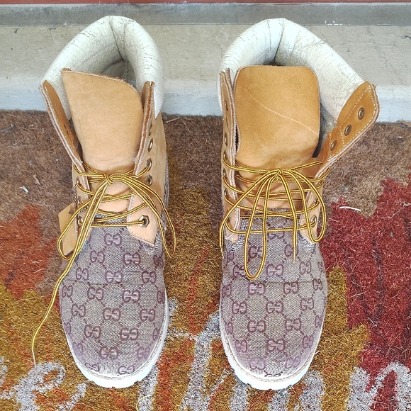 Rare custom made Timberland boots with Gucci Brown and Tan Patterned Boots!